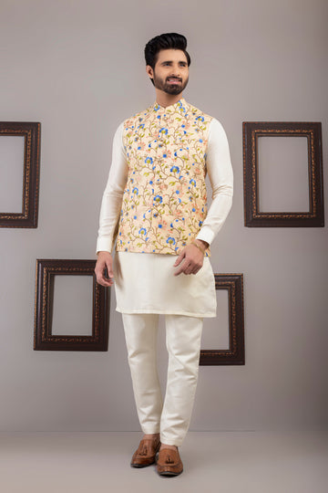 Beige Color Multi Embroidered Waist Coat For Men